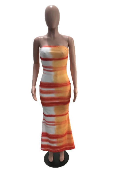 Women's Trendy Off The Shoulder Splash-Ink Printed Bodycon Maxi Nightclub Orange Dress