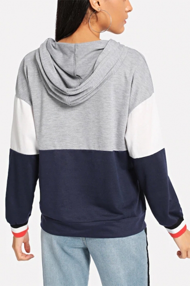 Womens Cool Color Block Simple Stripe Printed Long Sleeve Half-Zip Light Grey Hoodie