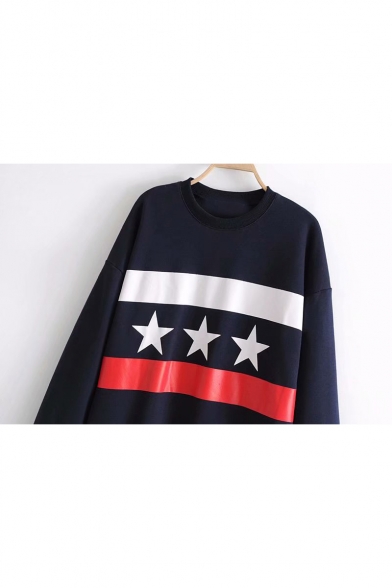 Womens Navy Star Colorblock Round Neck Long Sleeve Casual Loose Pullover Sweatshirt