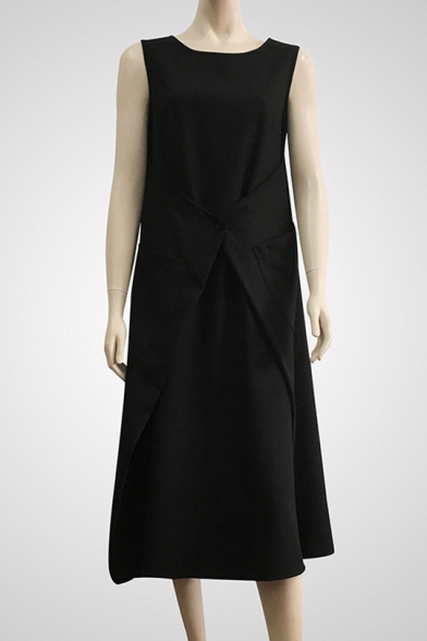 Womens Simple Plain Round Neck Sleeveless Button Embellished Gathered Waist Maxi A-Line Dress