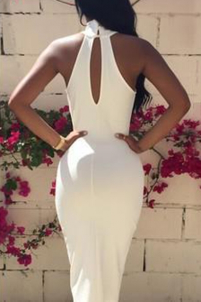 Womens Simple Solid Color White High Neck Sleeveless Midi Sheath Dress