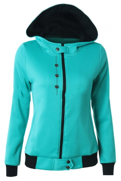 Womens Stylish Button Embellished Long Sleeve Zip Up Slim Fitted Hoodie
