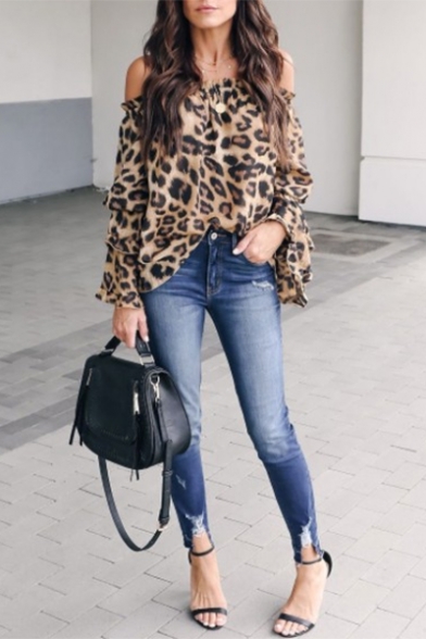 Womens Stylish Ruffled Off the Shoulder Long Sleeve Leopard Print Khaki Chiffon Blouse Top