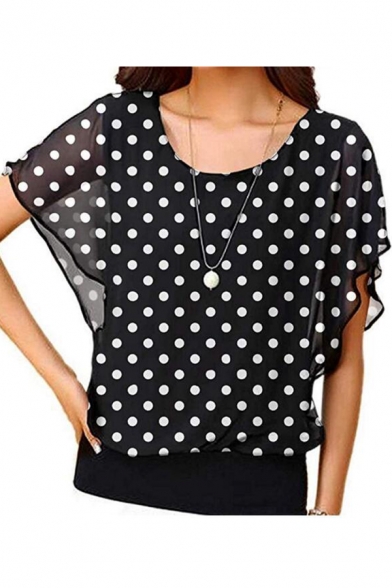 Womens Summer Fashion Polka Dot Printed Round Neck Batwing Sleeve Black Blouse Top