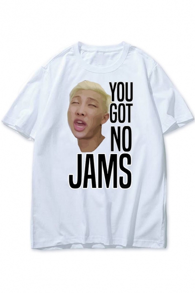 YOU GOT NO JAMS Funny Letter Figure Printed Round Neck Short Sleeve White T-Shirt