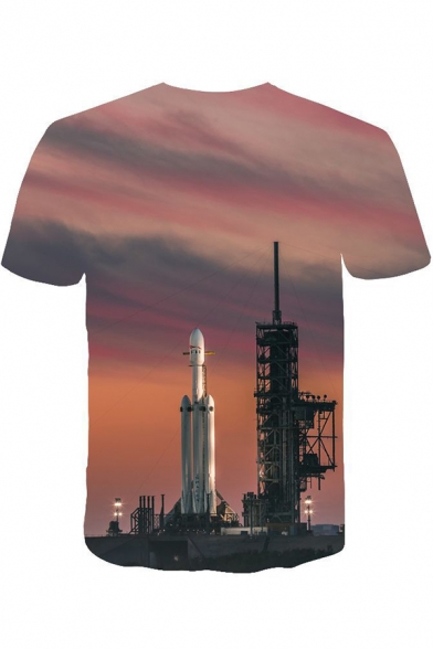 3D Cool Space Rocket Printed Round Neck Short Sleeve T-Shirt