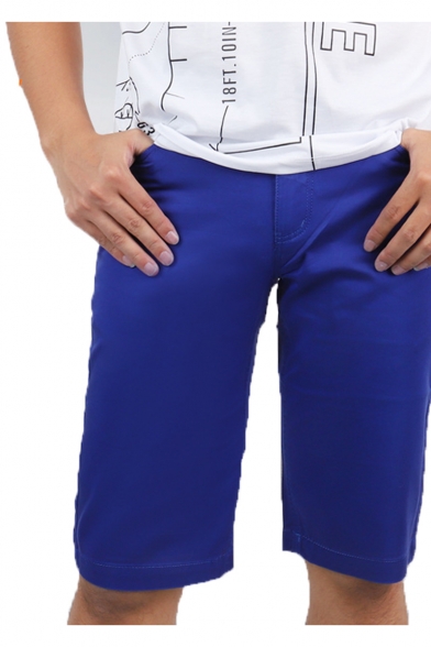 Business Simple Fashion Solid Color Zip-fly Blue Casual Chino Shorts for Men
