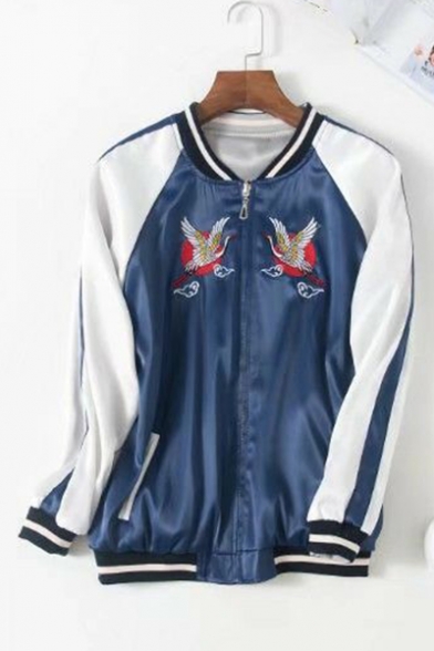 Chic Crane Embroidery Stand Collar Long Sleeve Zip Up Reversible Baseball Jacket
