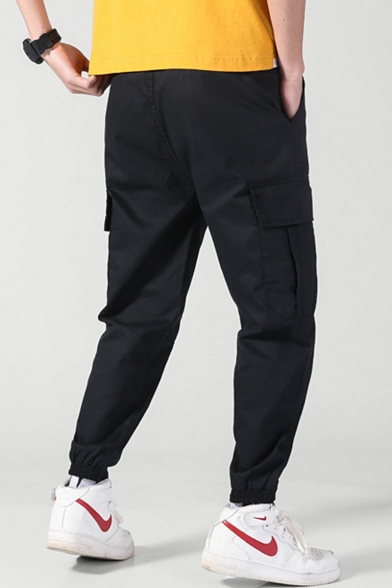 Chic Fashion Letter Patch Flap Pocket Drawstring Waist Men's Black Cotton Casual Cargo Pants