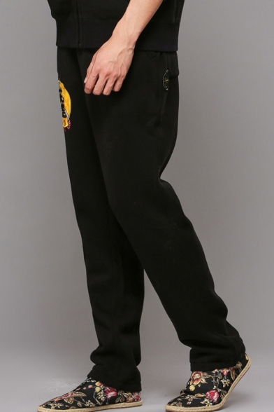 Chinese Style Letter Embroidery Pattern Black Cotton Relaxed Casual Sweatpants for Men