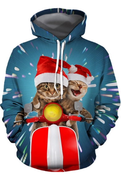 Christmas Funny Motor Cat with Red Hat 3D Print Blue Unisex Hoodie