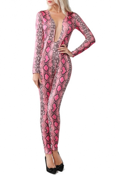 Cool Fashion Snakeskin Printed V-Neck long Sleeves Skinny Fit Jumpsuit for Women