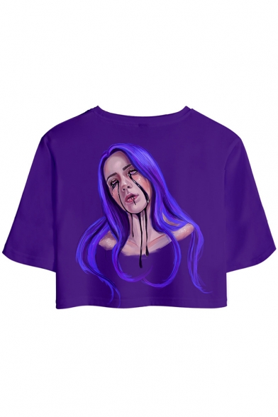 Cool Purple Bleeding Girl Pattern Short Sleeve Crop Tee with Loose Dolphin Shorts Two-Piece Set