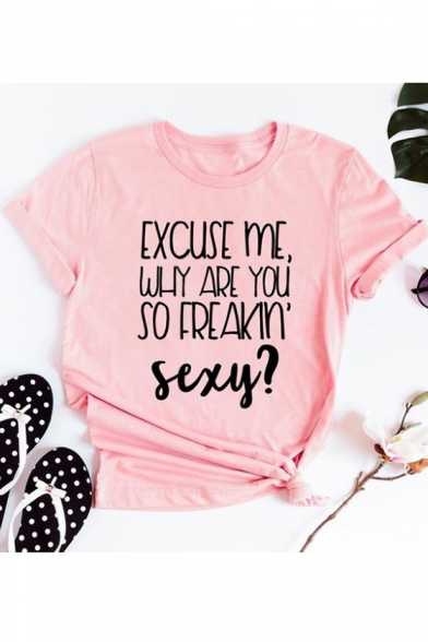 EXCUSE ME Letter Printed Round Neck Short Sleeve Casual Pink Tee