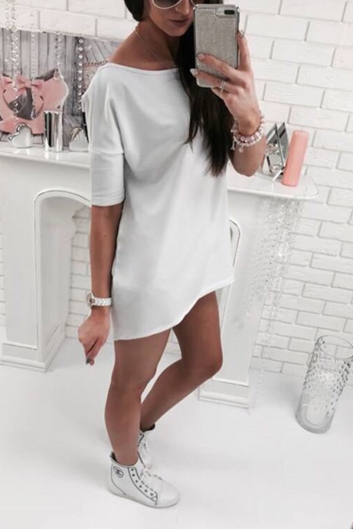 Fashion Cat Butterfly Print V-Back Short Sleeve Casual Loose White Mini T-Shirt Dress