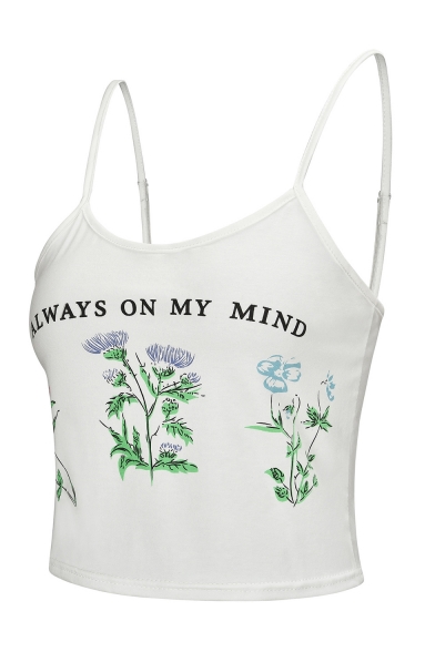 Fashion Floral Letter ALWAYS ON MY MIND Pattern White Slim Fit Cami Top