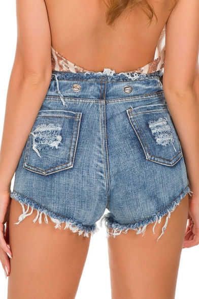 Fashion Light Blue High Rise Button-Fly Destroyed Ripped Club Denim Shorts