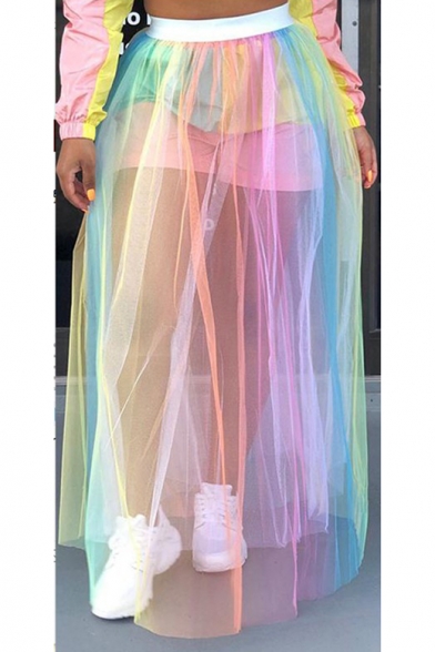 Fashion Ombre Color High Waist Sheer Mesh Maxi Tulle Skirt for Women