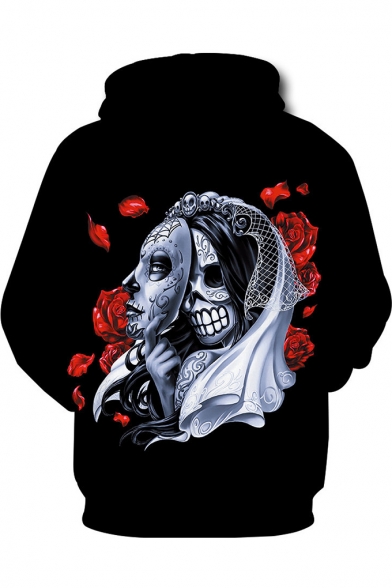 Fashion Rose Skull Bride Printed Long Sleeve Black Sport Hoodie