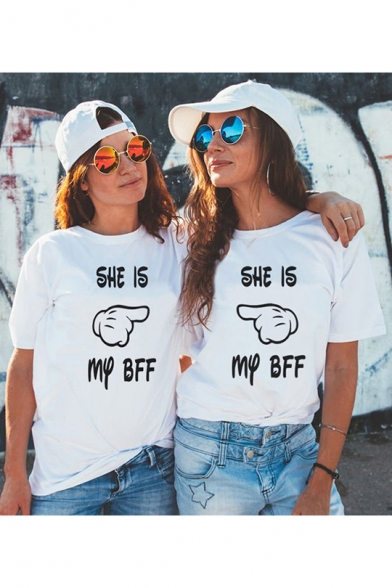 Friends Fashion Gesture Letter SHE IS MY BFF Print White Short Sleeve T-Shirt
