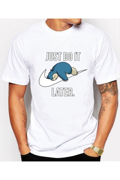Funny Cartoon Letter JUST DO IT LATER Print White Short Sleeve Tee