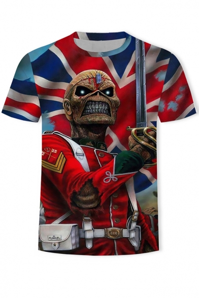 Funny Flag Skull Figure with Sword 3D Print Round Neck Short Sleeve T-Shirt