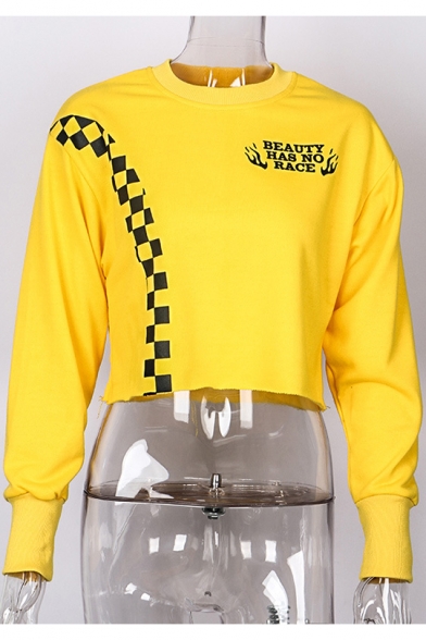 Girls Cool Letter BEAUTY HAS NO RACE Checkerboard Printed Round Neck Long Sleeve Yellow Cropped Dance Sweatshirt