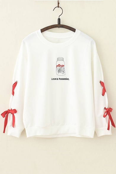 Girls Cute Cartoon Cat Letter Embroidery Round Neck Tied Long Sleeve Casual White Sweatshirt