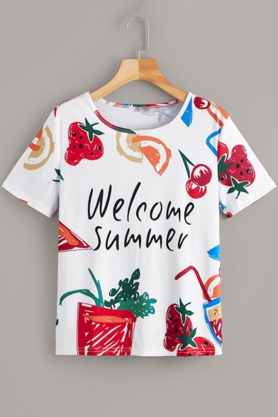Girls Letter WELCOME SUMMER Fruit Graffiti Round Neck Short Sleeve T-Shirt