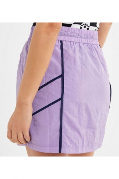 Girls Summer Fancy Purple Contrast Piping Drawstring Waist Mini Sport A-Line Linen Skirt