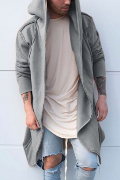 Guys New Trendy Simple Plain Open Front Long Sleeve Hooded Long Cardigan Coat