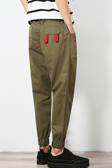 Guys Popular Fashion Simple Plain Large Pocket Contrast Ribbon Embellished Cotton Tapered Pants