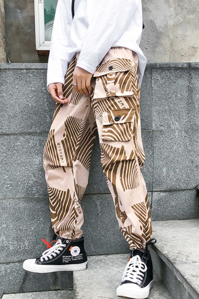 Guys Street Trendy Cool Camouflage Printed Drawstring Cuffs Hip Pop Style Casual Loose Multi-pocket Cargo Pants