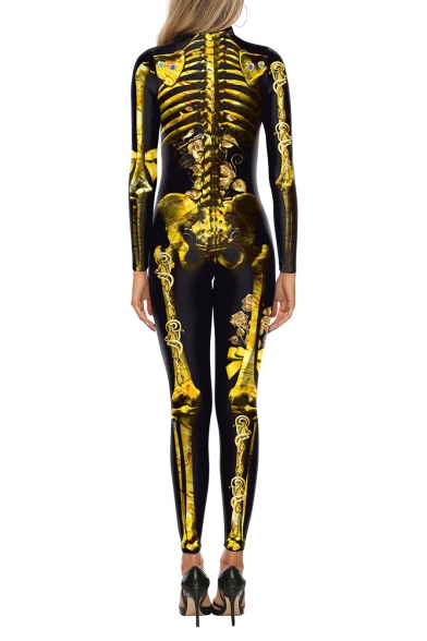 Halloween Style Black Skeleton Pattern High Neck Long Sleeves Jumpsuits