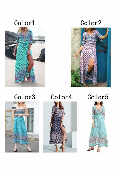 Hot Fashion Bohemian Style Tribal Printed Maxi Beach Dress for Holiday