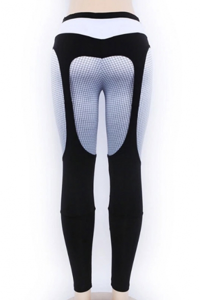 Hot Popular Elastic Waist Colorblock Patch Check Printed Skinny Legging Pants