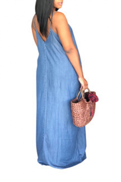 Hot Popular Simple Solid Color V-Neck Sleeveless Floor Length Maxi Denim Blue Cami Dress