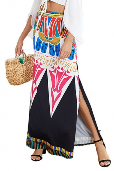 Tribal Print Split Side High Waist Fitted Maxi Skirt