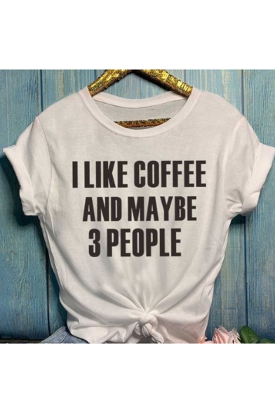 Hot Trendy Letter I LIKE COFFEE Printed Round Neck Short Sleeve Loose Casual Tee
