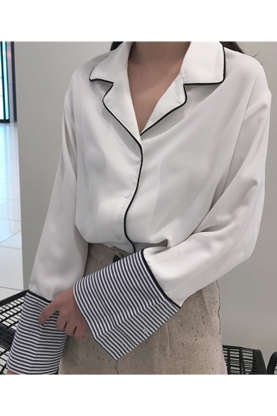 Hot Trendy Womens Lapel Collar Contrast Trim Striped Long Sleeve Button Front Loose Chiffon Sleeve