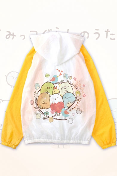 Lovely Cartoon Cat Printed Color Block Zip Up Long Sleeve Hooded Sun Protection Coat Jacket