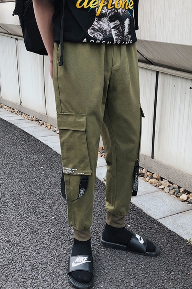 Men's Casual Fashion Letter Printed Flap Pocket Side Buckle Strap Design Cargo Pants