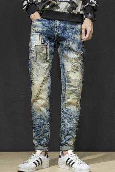 Men's Cool Fashion Camouflage Patch Vintage Snow Washed Blue Regular Fit Casual Jeans