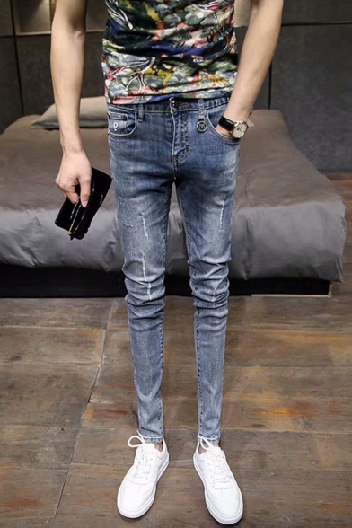 Men's Fashion Vintage Denim Washed Letter Mental Embellished Slim Fit Blue Ripped Jeans