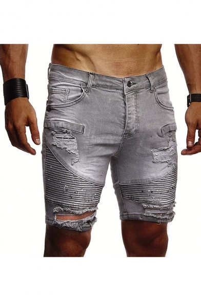 Men's Fashion Vintage Washed Pleated Ripped Detail Denim Shorts