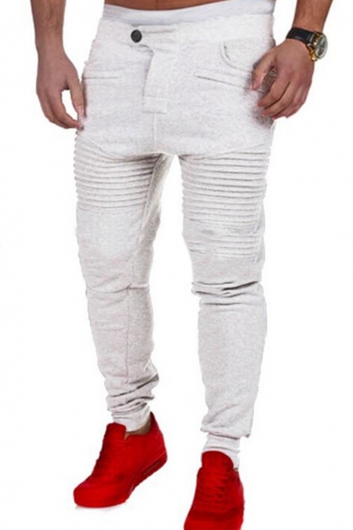 Men's Hot Fashion Simple Plain Pleated Detail Casual Slim Jogging Pants Pencil Pants