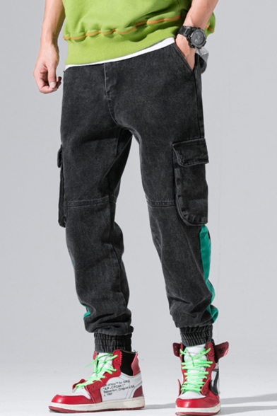 Men's New Fashion Colorblock Double Flap Pocket Side Elastic Cuff Casual Cotton Relaxed Cargo Pants