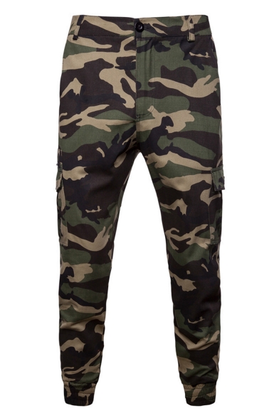 Men's New Fashion Cool Camouflage Printed Army Green Casual Pencil Pants Multi-pocket Cargo Pants