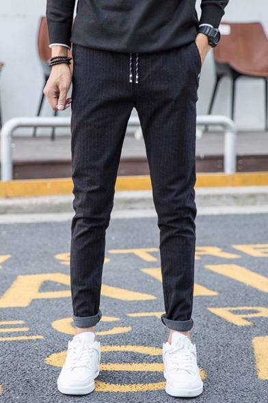 Men's New Fashion Stripe Pattern Drawstring Waist Casual Cotton Suit Pants Dress Pants