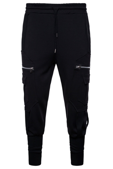 Men's New Fashion Zipper Embellishment Drop-Crotch Drawstring Waist Black Plain Joggers Hip Hop Harem Pants